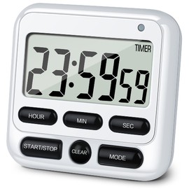 KTKUDY Digital Kitchen Timer with Mute/Loud Alarm Switch ON/Off Switch, 12-Hour Clock & Alarm, Memory Function Count Up & Count Down for Kids Teachers Cooking, Large LCD Display, Strong Magnet (White)