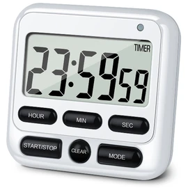 KTKUDY Digital Kitchen Timer with Mute/Loud Alarm Switch ON/Off Switch, 12-Hour Clock & Alarm, Memory Function Count Up & Count Down for Kids Teachers Cooking, Large LCD Display, Strong Magnet (White)