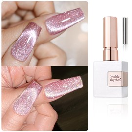 Double Rhythm 15ML Ice Glass Cat Eye Gel Polish with Magnet Holographic Glitter Shimmer Translucent Sheer Color Salon Soak Off Magnetic Nail at Home (Bean Red-MC1065)