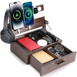 Gifts for Men Dad Women from Daughter Son Wife Wood Phone Docking Station with Drawer Nightstand Organizer for Men Dad Birthday Gifts for Him from Wife Christmas Gifts for Men