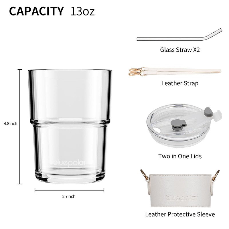 BLUEPOLAR 13oz/400ml Glass Water Tumbler with Straw and Lid Sealed
