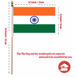 NJ & NJBW 20 Pack Small Mini India Flag on Wooden Stick - 5 x 8inch Miniature Portable Handheld Pole Indian Flags Decorations