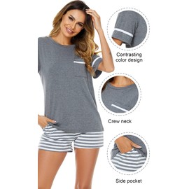 GAESHOW Women's Pyjamas Set Summer Sleepwear for Women Short Sleeve Round-Neck Cotton Pj Set Lightweight with Pockets (M, Grey)