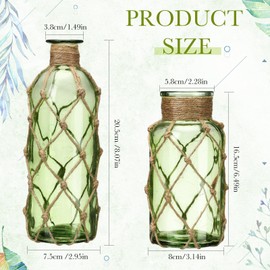 Chuangdi Set of 2 Coastal Glass Vases for Flowers Small Flower Vase with Boho Rope Wrapping Beach Decorative Bottle for Coastal Nautical Table Centerpiece Wedding Floral Arrangement Decor (Green)