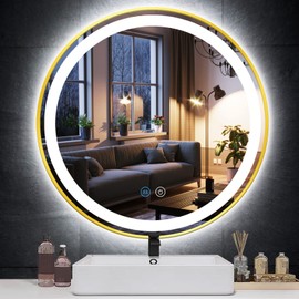 TiliKuly Gold Round Vanity Mirror with Lights 18 Inch Gold Frame Round Lighted Mirror for Bathroom Wall Circle Round LED Mirror Anti-Fog 3 Color Dimmable Bathroom Golden Round Smart Light up Mirror