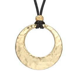 Popeoiuh Leather Necklace for Women Men Teen Vintage Boho Choker Necklace Gold Alloy Simple Ring Statement Pendant Necklace with Black Leather Rope