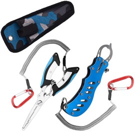 Sakurahana Direct Shipping 3rd Generation Lures Fish Pliers Set of 2 Fishing Pliers with Lock, Stainless Steel Fish Grip, Rust Resistant, One Hand Operated Fish Grab, Needle Remover, Hook Removal, Line Cutter, Safety Rope and Storage Case Included, Multi