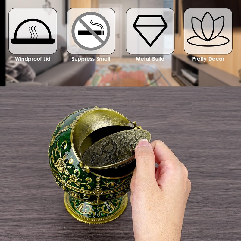 Dragon Ashtray with Lid – Jade Green Gold Zinc Alloy