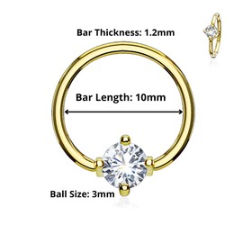PiercedOff 316L Surgical Steel Gold Tone IP BCR with Round Clear CZ Ball - Thickness 16GA (1.2mm) / Diamter 10mm / Ball Size 3mm