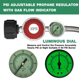5FT 0-30 PSI Adjustable High Pressure Propane Regulator with Gauge 0~60PSI Gas Flow Indicator Stainless Propane QCC1 Hose with 3/8 Flare x 1/8 MNPT Fits for LP Gas Cooker, Burner, Turkey Fryer, Smoker