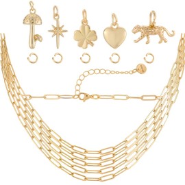 Beebeecraft 1 Box 5Pcs 16.34 inch 304 Stainless Steel Paperclip Chain Necklace for Women 18K Gold Plated Brass 5 Style Heart Mushroom Clover Cheetah North Star Charm with 5Pcs Open Jump Ring