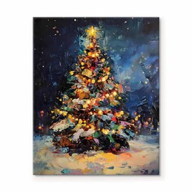 Christmas Tree Canvas Wall Art Decor - Vibrant Holiday Night Scene with Glowing Lights, 24X30 inch Snow-Covered Pine Tree Painting - Ideal Festive Decor for Living Room or Office Seasonal Decoration