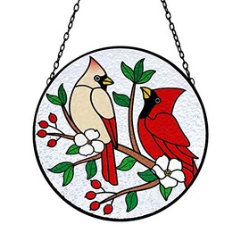Cardinal Stained Glass Suncatcher Red Bird Sun Catcher Cardinal Glass Wall Window Hanging Ornament Hand-Painted Glass Panel Decor Christmas Birthday Gift for Mom Grandma Birds Lover 6.3×6.3”
