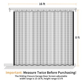 Sliding Garage Door Screen with Track Closure - Retractable Privacy Curtain Keep Annoying Animals Out Easy Install Heavy Duty Fiberglass Mesh Net for Opening Garage Patio (Black, 16 ft x 8 ft)