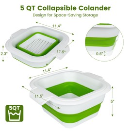 Collapsible Colander Set with Strainer Bowl, 2 in 1 Fruit Washing Basket with Strainer, 5 + 3 QT Plastic Colanders for Kitchen, Foldable Double Layered Colander Bowl for Berry, Vegetable, Green
