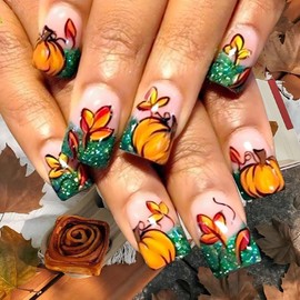 24Pcs Thanksgiving Press on Nails Fall Square Fake Nails Green Nail Tip Acrylic Nails with Maple Leaf & Pumpkin Design Fall Leaves False Nails Stick on Nails for Women Autumn Nail Art Decor