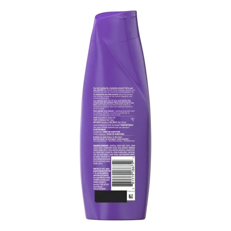 Shampoo Aussie Miracle Moist de aguacate en botella de 360mL