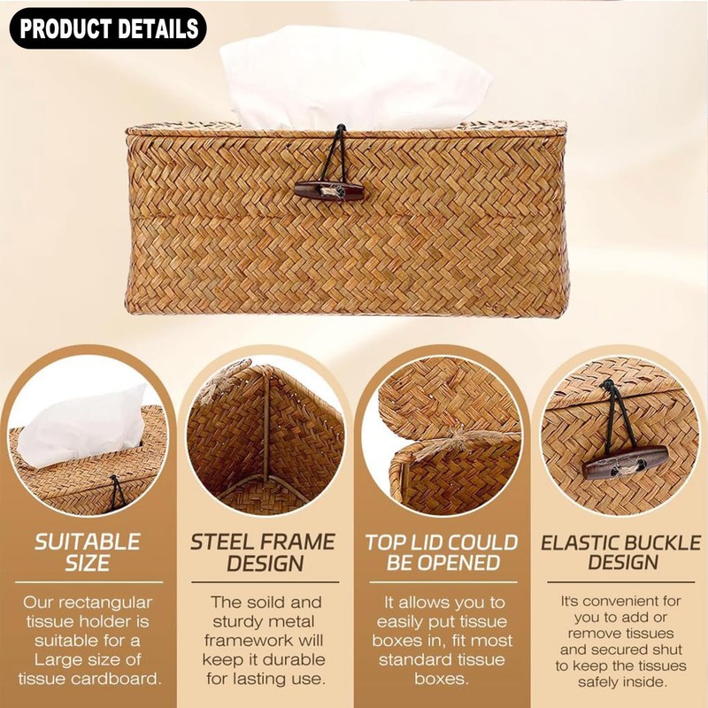 MUSONG Country Rustic Seagrass Tissue Box Cover, Rectangular, Caramel