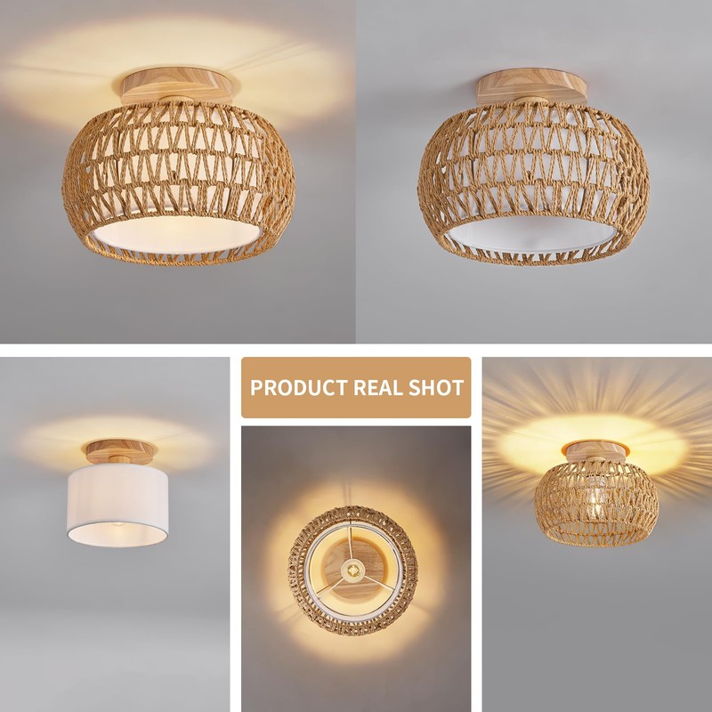 Rattan Ceiling Light Fixture，3 Style Options Boho Flush Mount Ceiling