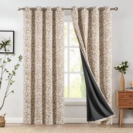 JINCHAN 100% Blackout Curtains for Bedroom, Taupe Scroll Floral Patterned Curtains 90 Inch Length for Living Room, Farmhouse Vintage Art Deco Drapes, Thermal Insulated Window Curtains Grommet 2 Panels
