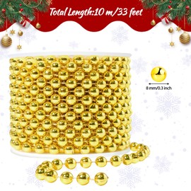 33 Feet Christmas Tree Gold Beads Garland, 8mm Faux Gold Pearl Beads Garland, Christmas Artificial Pearl Strands Spool Pearl String Bead Roll Garland for Wedding Party Christmas Tree Decoration