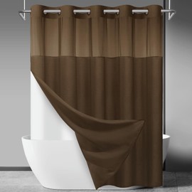 SORTTO No Hook Slub Textured Shower Curtain with Snap in Liner - Chocolate Fabric Outer Curtain & Waterproof Inner Liner, Hotel Style with See Through Top Window, 71x74 in