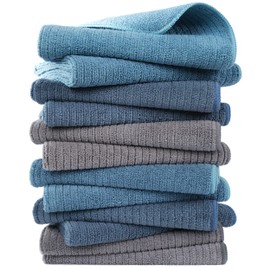 POLYTE Premium Microfiber All-Purpose Ribbed Terry Kitchen Towel, 12 Pack (Blue, Gray, Teal, 16x28 in)