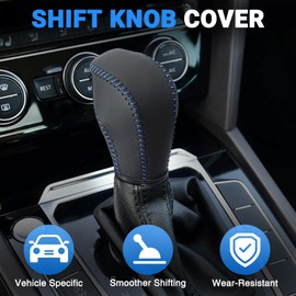 AICARS Leather Gear Shift Knob Cover Compatible with Volkswagen Atlas丨 Beetle丨 Golf丨 Passat丨 Jetta 丨 Tiguan 2011-2021 Black Leather with Blue Stitches Shifter Knob Cover - Black&Blue