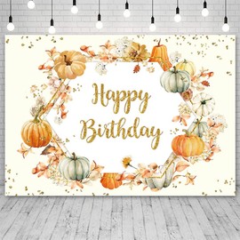 ABLIN 7x5ft Happy Birthday Backdrop Autumn Pumpkin Flowers Golden Dots Photography Background Harvest Fall Pumpkin Theme Birthday Party Decorations Banner Photo Booth Props