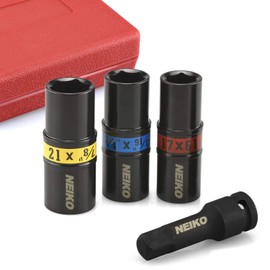 Neiko 02281B 1/2" Drive Impact Flip Socket, 4 Piece Lug Nut Service Set | Standard SAE and Metric Sizes - Includes 3 Inch Extension Bar | Chrome Moly Steel