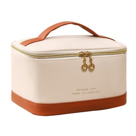 AEDNX Travel Makeup Bag, Large Portable Cosmetic Bag, Waterproof PU Leather Makeup Bag Organizer for Women, Toiletry Bag with Handle and Brush Compartment for Cosmetics & Toiletries New(Beige)