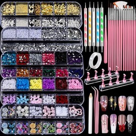 Teenitor Juego de dijes de uñas y herramientas de arte de uñas, kit de arte de uñas con 5 cajas de dijes de uñas 3D y diamantes de imitación de gemas,
