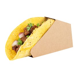 Restaurantware Bio Tek 4 x 1.25 x 2.25 Inch Single Taco Holder 200 Greaseproof Stand Up Taco Holder - Small Self-Standing Kraft Paper Paper Taco Holder Freezable