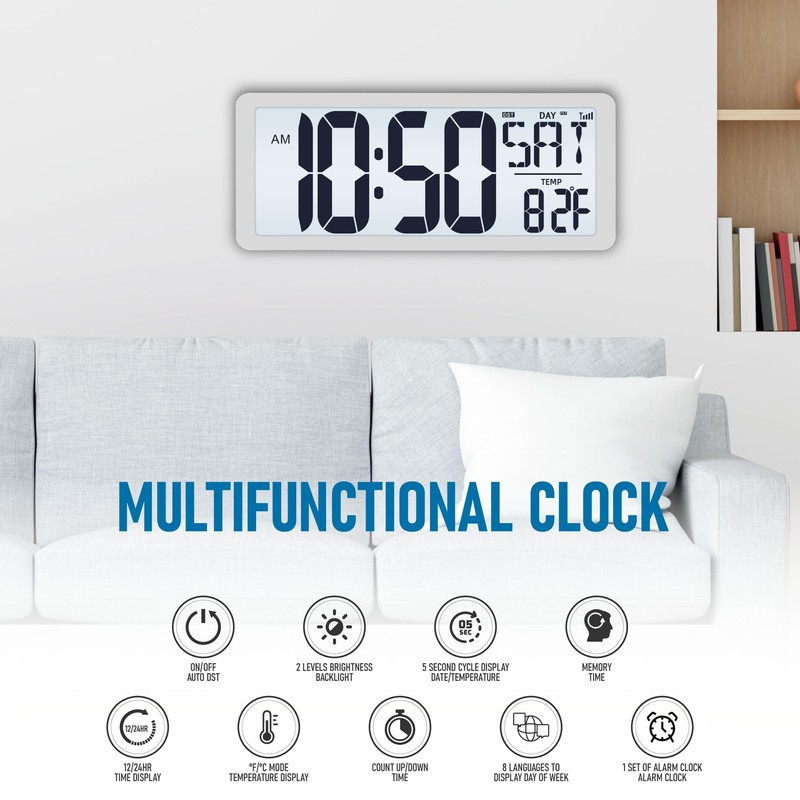 TXL Atomic Clock with Backlight, 14.2" Digital Wall Clock, Battery