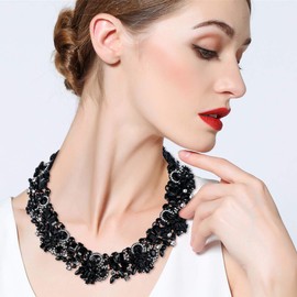 EVER FAITH Banquet Jewelry Vintage Style Art Deco Statement Necklace Jet Color Austrian Crystal Black-Tone