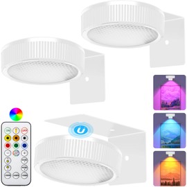 SIXDEFLY RGB Magnetic Suction Spotlight - Battery-Powered, Wireless, Remote Control with Adjustable Timer for Art Displays and Galleries 3 Pack White