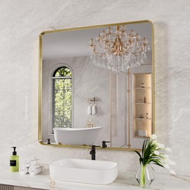 JISOSO Gold Bathroom Mirror, 36x36 Inch Thick Brushed Metal Frame Wall Mirror, Modern Rectangle Bathroom Vanity Mirror for Over Sink, Bedroom, Living Room, Entryway, Horizontal/Vertical