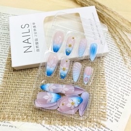 LWTZLW 3D Flower French Tip Press on Nails Medium Almond False Nails with Blue Gradient Design Full Cover Glue on Nail Reusable Acrylic Fake Nails Glossy Artificial Stick on Nail for Women