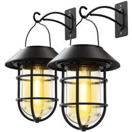 Icerona Solar Lantern Hanging Solar Lights Outdoor, Waterproof Metal Wall Lantern with Hooks, Outdoor Wall Lights for Porch, Patio Yard Garden Decor, No Wiring Required, 2 Pack