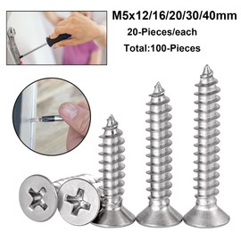 FandWay Phillips Flat Head Self-Tapping Screws, 304 Stainless Steel Countersunk Head Tapper Screws, M5 x 12/16/20/30/40mm Tapping Screws, Wood Screws Assortment Set (20-Pieces/each)