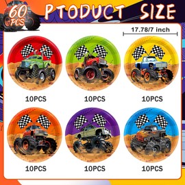 60Pcs Monster Truck Birthday Plates Monster Truck Party Decorations Truck Theme Paper Plates Truck Themed Birthday Party Supplies 7 inch Disposable Dessert Plates for Racing Car Birthday Party Favors