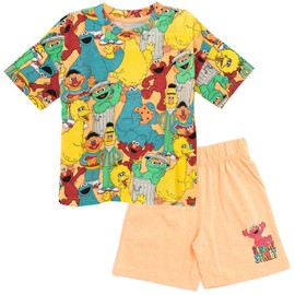 Sesame Street Cookie Monster Elmo Little Boys Graphic T-Shirt and Shorts Outfit Set Multicolor / Orange 7-8