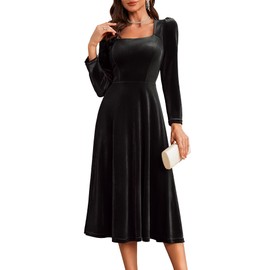 BeryLove Velvet Midi Dress Cocktail Party Formal Gowns Evening Party Dresses Long Sleeve Winter Wedding Guest Dress SR001 Black M