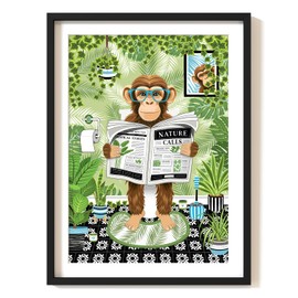 Parmaro Monkey Reading Newspaper Bathroom Print, Monkey on Toilet Print, A4 UNFRAMED Print, Animal on Toilet Print, Botanical Green, Tropical Bathroom Decor