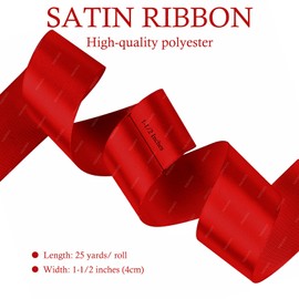 Red Satin Ribbon, 1-1/2 Inches x 25 Yards Solid Fabric Ribbons for Gift Wrapping, Flower Bouquet, Crafts and Wedding Party Decoration