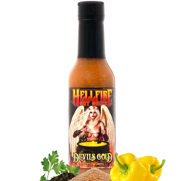 Hellfire Devil's Gold Hot Sauce, Multi Award-Winning, Gourmet Fruit-Based Hot Sauce, Features Yellow Super Hot Peppers and Exotic Fruits, Amazing Sweet Heat, 5 oz.