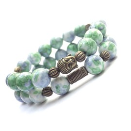 Boho Gipsy multi-strand woman's bracelet in natural white jade tinged in blue and green