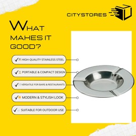 Citystores® 5" Stainless Steel Ash Tray – 12cm Round Ashtray, Portable, Ideal for Bars, Restaurants, Home, Office & Outdoor Use