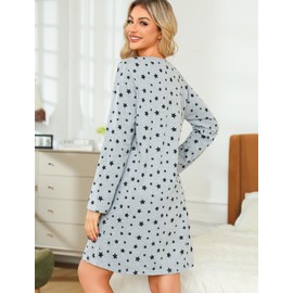 ENJOYNIGHT Women's Cotton Nightshirs Long Sleeve Print Nightgown Casual Sleep Dress(X-Large, Grey Star)