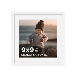 KINLINK 9x9 Picture Frame White Set of 1, Wooden Square Photo Frame Matted 7x7 with Plexiglass for 7x7 with Mat or 9x9 without Mat for Table and Wall Display